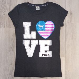 PINK Victoria's Secret Charcoal Short Sleeve Tee with Blue & Pink Heart